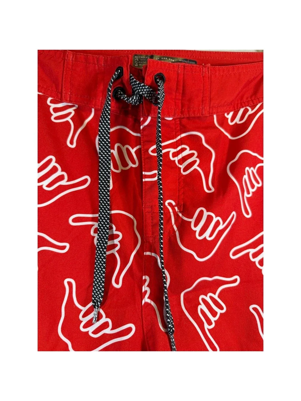 Of One Sea Mens Red Shaka Print Board Shorts Recycled Ocean Plastic Size 34